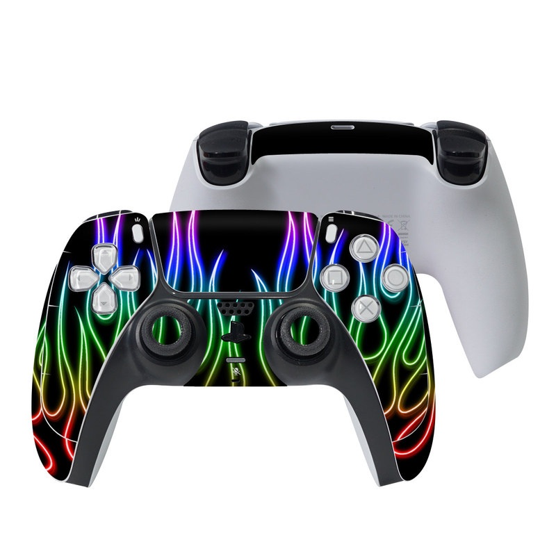 Sony PS5 Controller Skin - Rainbow Neon Flames (Image 1)