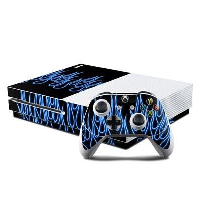 Microsoft Xbox One S Console and Controller Kit Skin - Blue Neon Flames